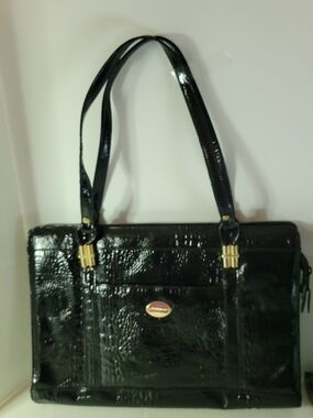Patent Croc-Effect Black Shoulder Bag with Gold Accents. Made In Korea